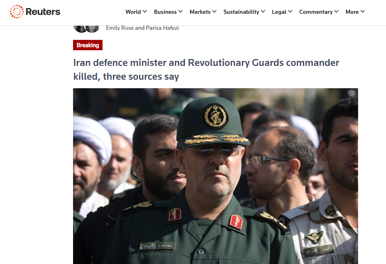 ইরানের প্রতিরক্ষামন্ত্রী ও বিপ্লবী গার্ড কমান্ডার নিহত: রয়টার্স