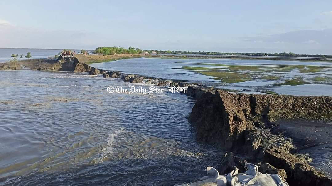 কপোতাক্ষ নদের বেড়িবাঁধে ভাঙন, লোকালয়ে জোয়ারের পানি