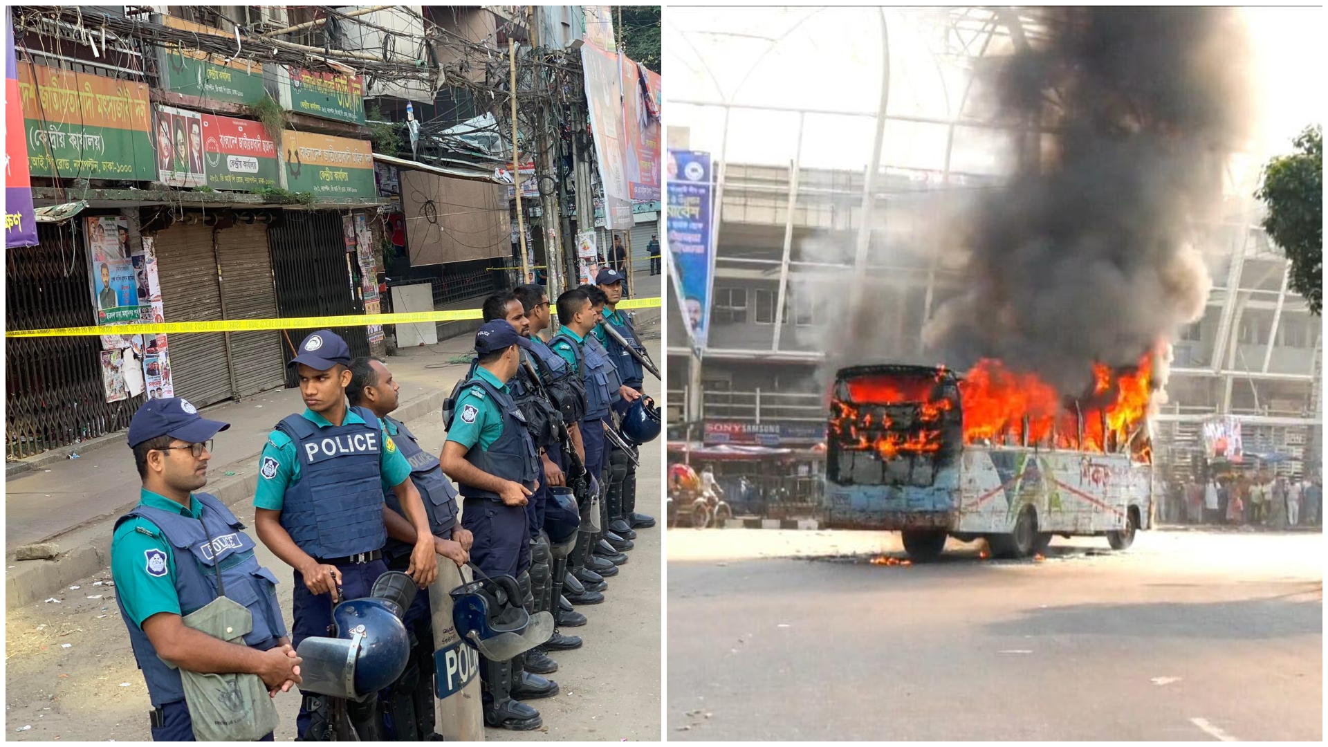 নয়াপল্টনে সতর্ক পুলিশ, বায়তুল মোকাররমের দক্ষিণ গেটে বাসে আগুন