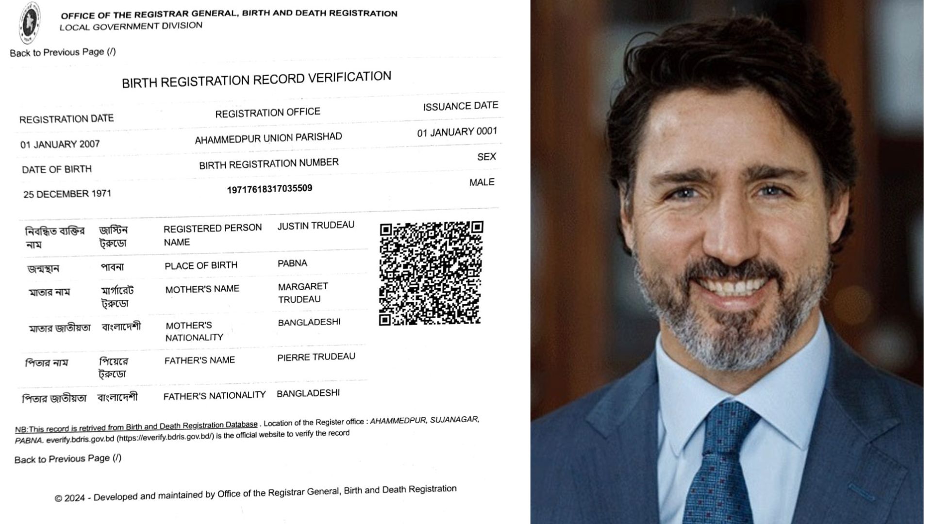 ‘জাস্টিন ট্রুডোর জন্মস্থান পাবনা ও বাবা-মায়ের জাতীয়তা বাংলাদেশি’