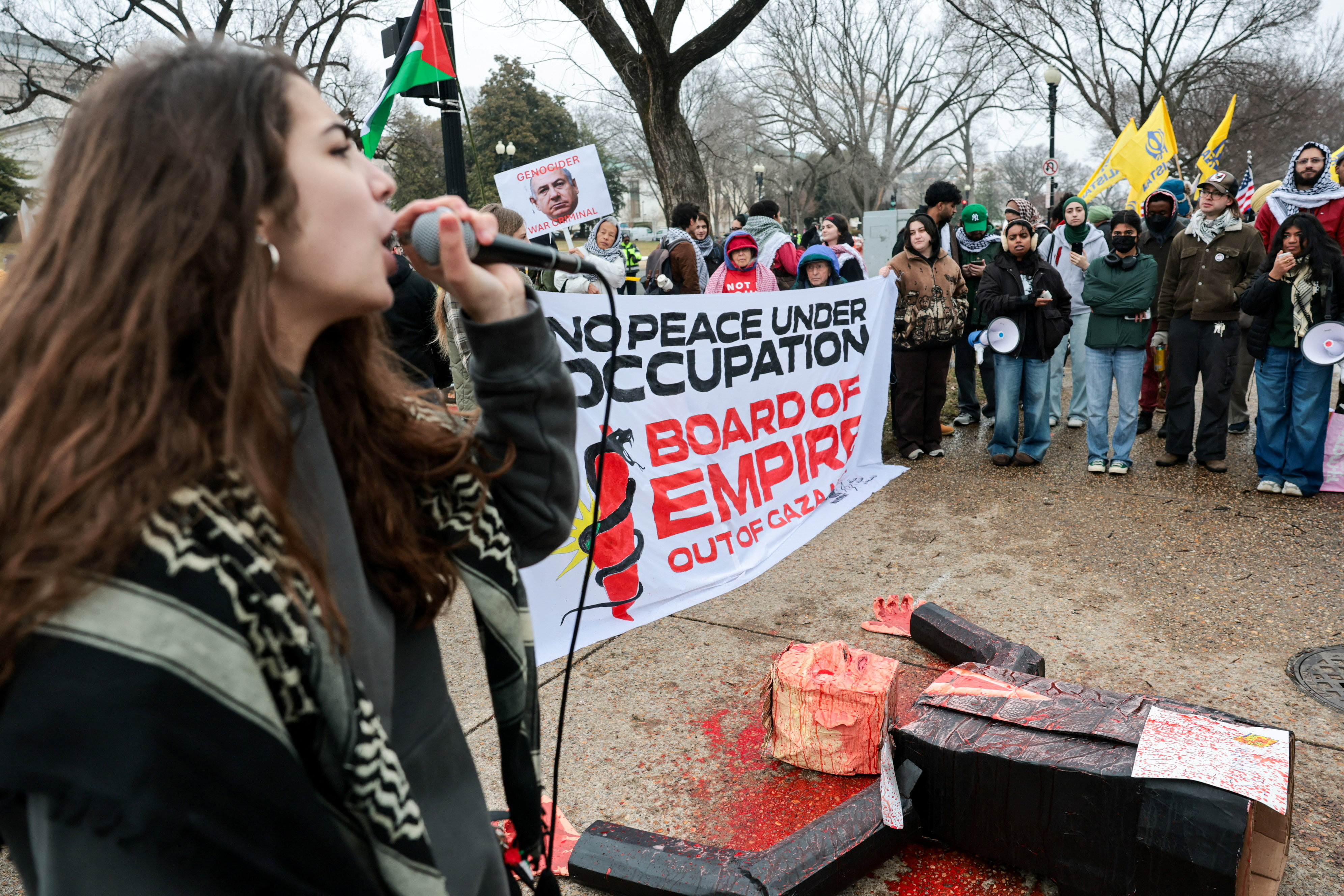 Protest outside peace committee meeting/Reuters