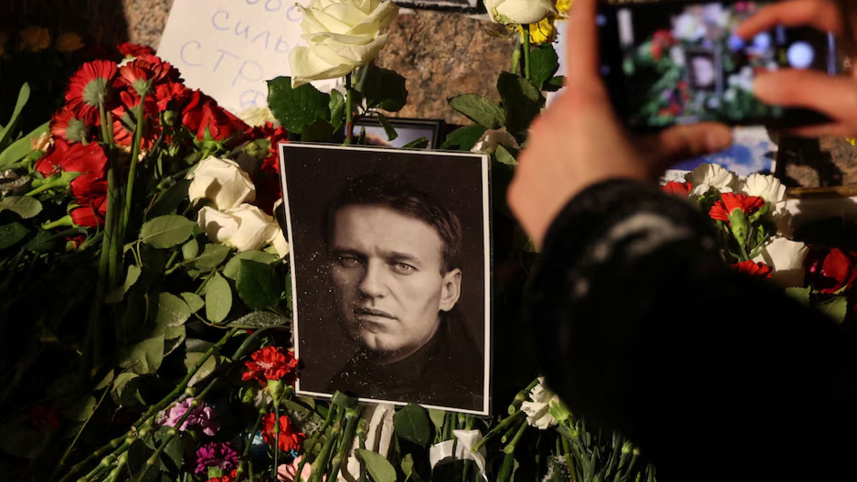 Flowers and portraits of Russian opposition leader Alexei Navalny