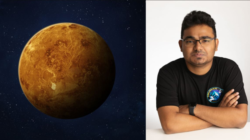 রেদোয়ান আহমেদ (ডানে) এবং তার আবিষ্কার করা মহাজাগতিক বস্তুর প্রতীকী, কাল্পনিক ছবি। ছবি: সংগৃহীত