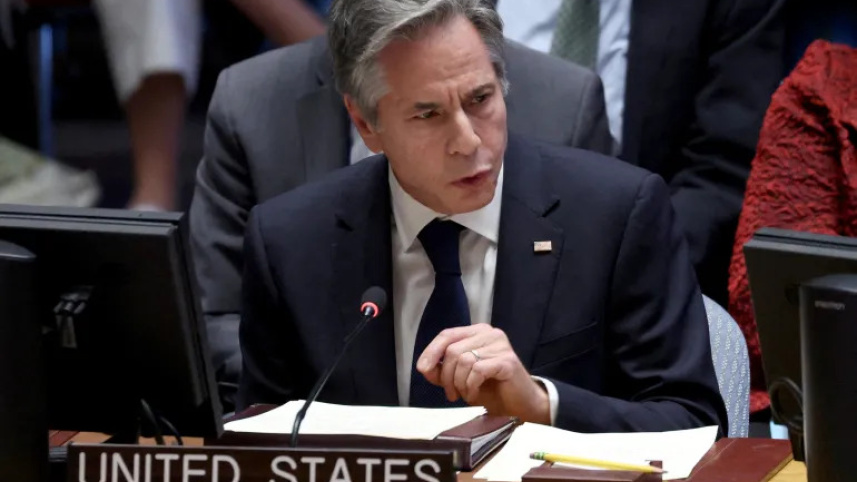 জাতিসংঘের নিরাপত্তা পরিষদে বক্তব্য রাখছেন মার্কিন পররাষ্ট্রমন্ত্রী অ্যান্টনি ব্লিঙ্কেন। ছবি: রয়টার্স