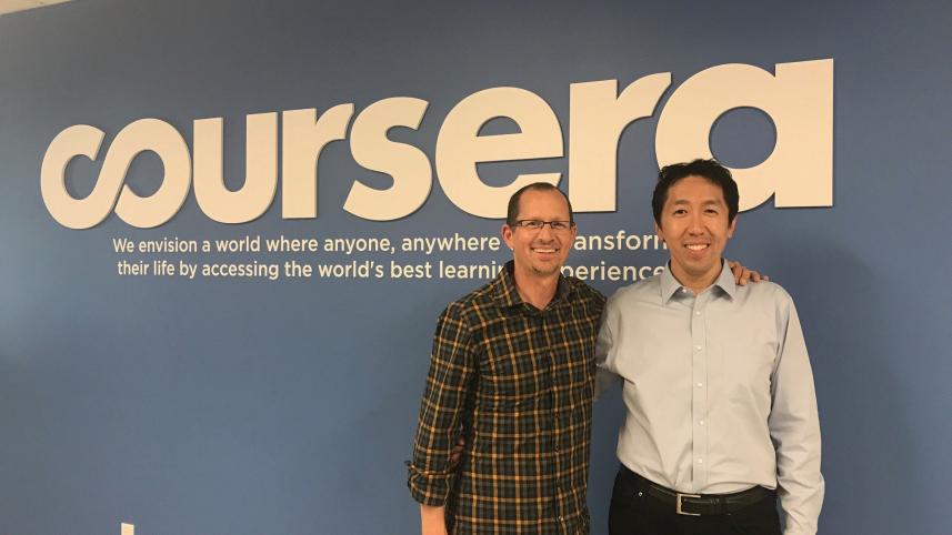 কোর্সেরার প্রধান নির্বাহী কর্মকর্তা জেফ ম্যাজিওনকালডা (বাঁয়ে) ও সহ-প্রতিষ্ঠাতা অ্যান্ড্রু এনজি। ছবি: কোর্সেরা/এক্স