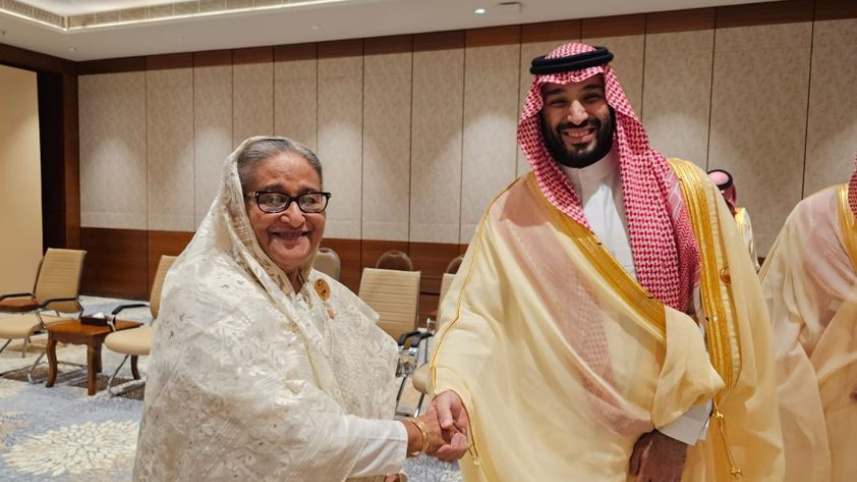 সৌদি যুবরাজ মোহাম্মদ বিন সালমান ও সাবেক প্রধানমন্ত্রী শেখ হাসিনা। ফাইল ছবি: সংগৃহীত