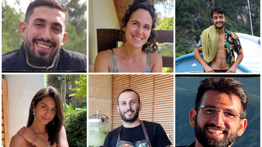 আলেক্স লোবানভসহ (নিচের সারির মাঝে) ছয় জিম্মির মরদেহ উদ্ধার করে আইডিএফ। ছবি: রয়টার্স