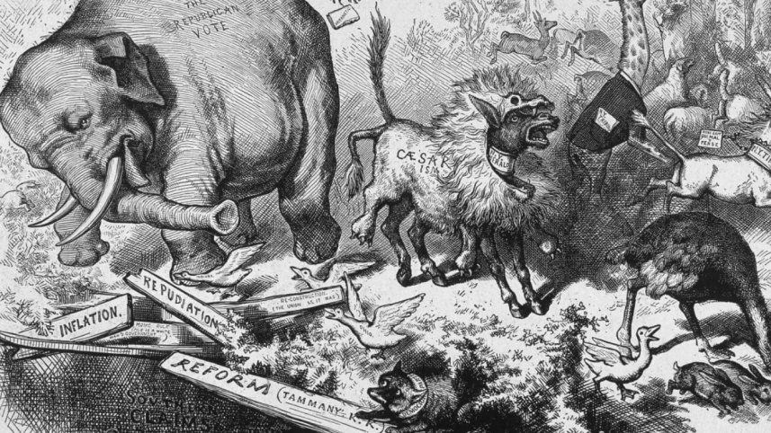 ১৮৭৪ সালে হার্পার্স উইকলিতে প্রকাশিত টমাস ন্যাস্টের কার্টুন, যেখানে প্রথম রিপাবলিকান পার্টিকে হাতির রূপকে দেখানো হয়। ছবি: আর্কাইভ। 