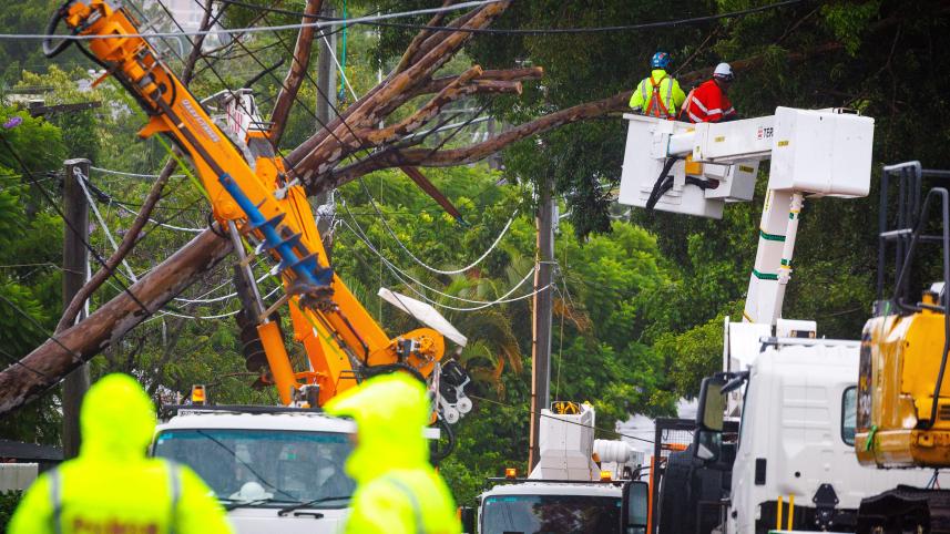 ঝড়ে উপড়ে যাওয়া গাছ সরিয়ে বিদ্যুৎ সংযোগ ফিরিয়ে আনার চেষ্টা চলছে। ছবি: এএফপি