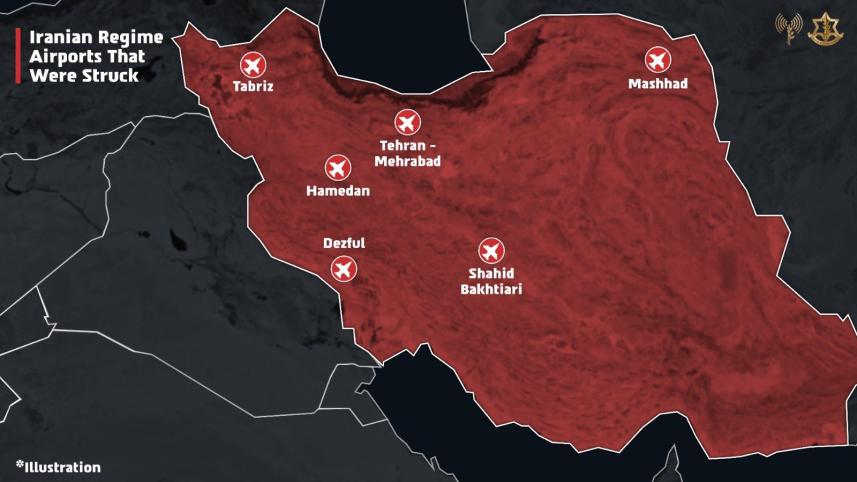 ইসরায়েলি সেনাবাহিনীর এক্স হ্যান্ডলে ছয় বিমানবন্দরের মানচিত্র তুলে ধরা হয়। ছবি: এক্স/আইডিএফ