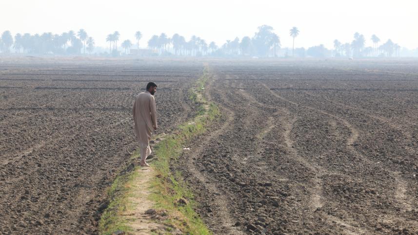  ইরাকের নাজাফের একটি শুকিয়ে যাওয়া কৃষিজমির পাশ দিয়ে এক ব্যক্তি হেঁটে যাচ্ছেন। খরা ও পানি স্বল্পতায় ইরাকের অনেক জমি চাষাবাদের অযোগ্য হয়ে পড়েছে। ফাইল ছবি: রয়টার্স (২৯ নভেম্বর, ২০২৫) 