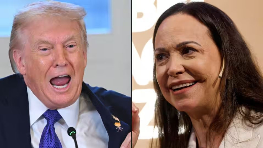 ট্রাম্প ও মাচাদো। কোলাজ ছবি: এএফপি