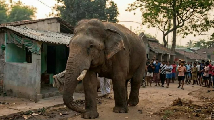 ঝাড়গ্রামের একটি ভোটকেন্দ্রের বাইরে হাতির উপস্থিতি ভোটারদের বিস্মিত করে। ছবি: স্টেটসম্যান