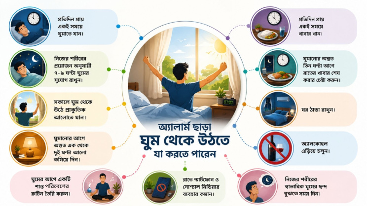 অ্যালার্ম ছাড়া ঘুম থেকে উঠতে যা করতে পারেন। ছবি: এআইয়ের সহায়তায় তৈরি