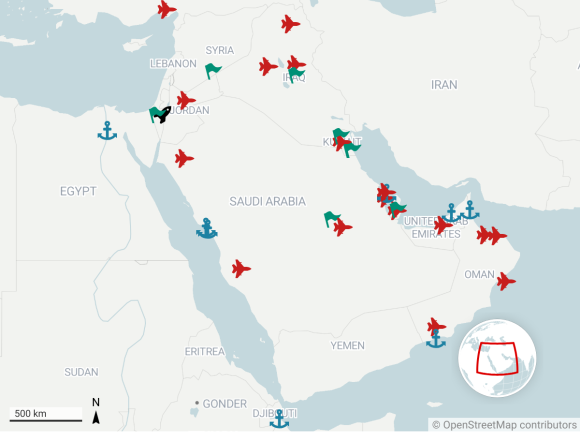 মধ্যপ্রাচ্যে মার্কিন ঘাঁটি ম্যাপে। ছবি: রয়টার্স