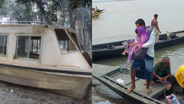 নৌ-অ্যাম্বুলেন্সটি অকেজো হয়ে পড়ে থাকায় রোগীদের কোলে তুলে হাসপাতালে নিতে হয়। ছবি: সংগৃহীত