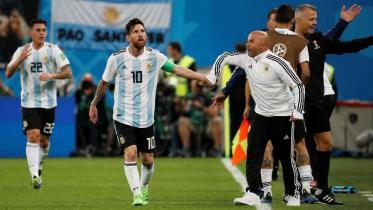 Lionel Messi celebrates Jorge Sampaoli 