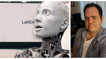 ল্যামডা নিয়ে বক্তব্য দিচ্ছেন গুগলের সিইও সুন্দর পিচাই (বায়ে) ও বরখাস্ত হওয়া প্রকৌশলি ব্লেক ল্যাময়েন (ডানে)