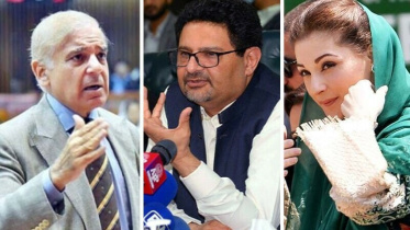 বাম থেকে প্রধানমন্ত্রী শেহবাজ শরীফ, অর্থমন্ত্রী মিহতাহ ইসমাইল ও পিএমএল-এন দলের ভাইস প্রেসিডেন্ট মারিয়াম নওয়াজ। ছবি: এপি/এএফপি 