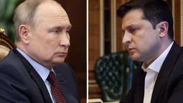 রুশ প্রেসিডেন্ট ভ্লাদিমির পুতিন ও ইউক্রেনের প্রেসিডেন্ট ভলোদিমির জেলেন্সকি। ছবি: এএফপি