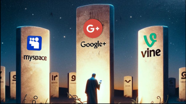 ভাইন, গুগল প্লাস ও মাইস্পেসের কবর। এআই প্রযুক্তি দাল-ই দিয়ে তৈরি প্রতিকী ছবি। 