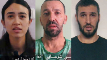 তিন ইসরায়েলি জিম্মির ভিডিও প্রকাশ করেছে হামাস। ছবি: ভিডিও থেকে নেওয়া স্ক্রিণশট/টাইমস অব ইসরায়েল