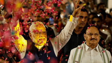 ভোট গণনা শেষে বিজেপি কার্যালয়ে নরেন্দ্র মোদি। ছবি: রয়টার্স