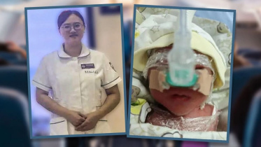 কোলাজ ছবিতে নবজাতক শিশু ও তার জীবন রক্ষাকারী নার্স চেন শানশান। ছবি: সংগৃহীত