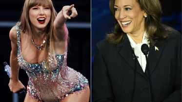 টেইলর সুইফট ও কমলা হ্যারিস। কোলাজ ছবি: এএফপি