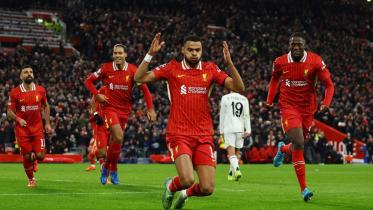 Liverpool's Cody Gakpo celebrates scoring their second goal 