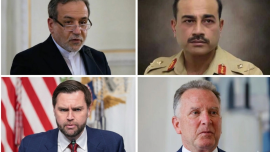 ঘড়ির কাটা অনুসারে: আব্বাস আরাঘচি, আসিম মুনির, স্টিভ উইটকফ ও জেডি ভ্যান্স। কোলাজ ছবি: রয়টার্স-এএফপি