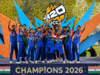 India's players celebrate with the trophy after winning the 2026 ICC Men's T20 Cricket World Cup final 